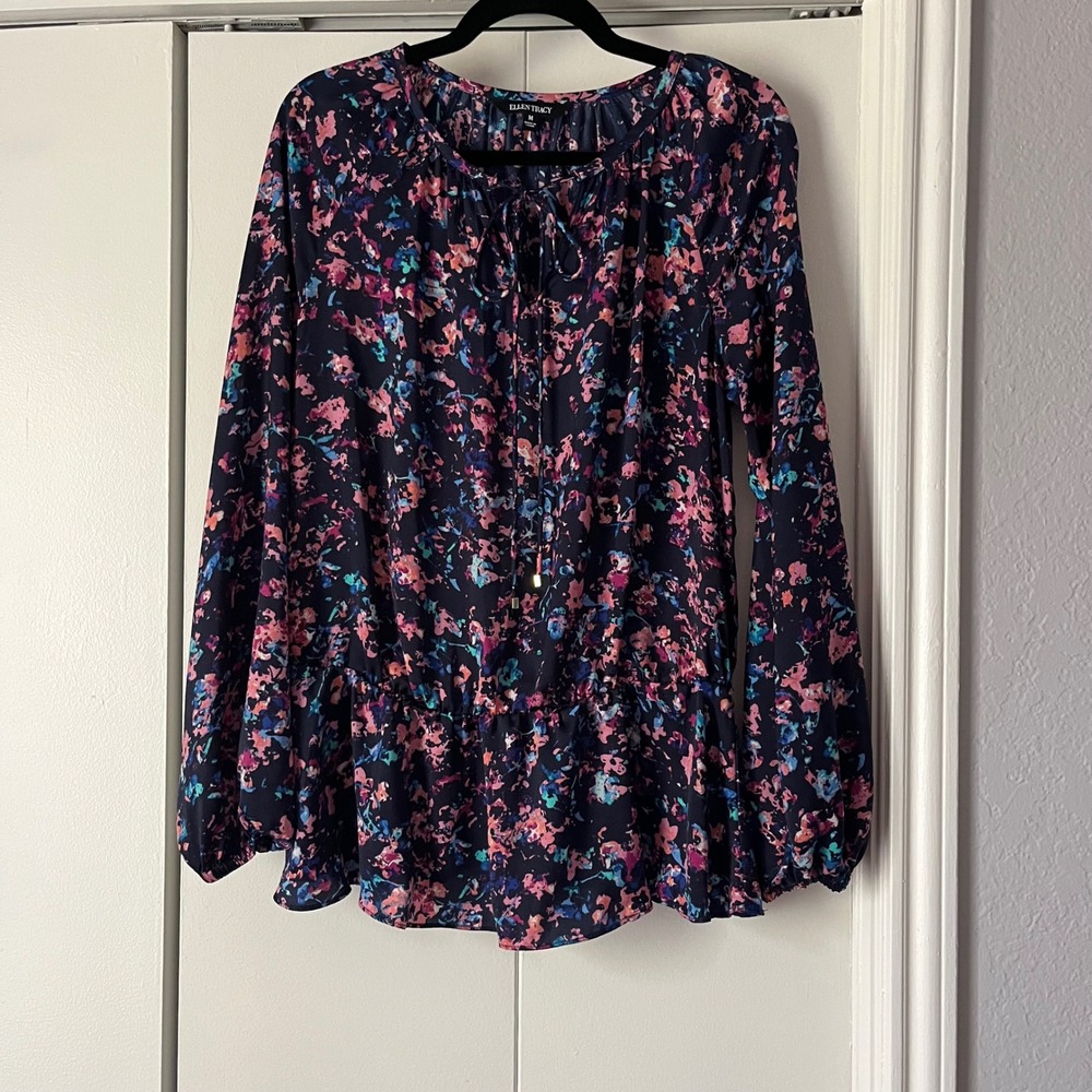 Ellen Tracy Floral Print Blouse Long Sleeve Tiered Ruffle Hem Top M